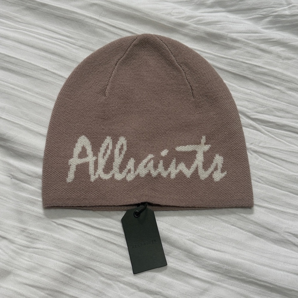 ALL SAINTS Logo Jacquard Beanie Hat Blush NWT